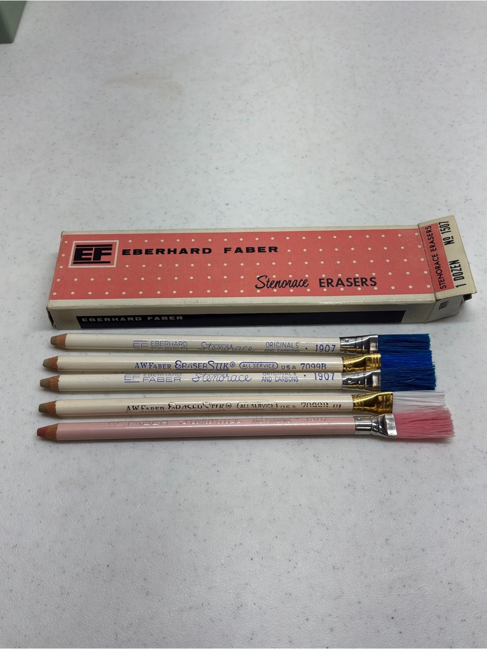 Eberhard Faber Stenorace Erasers and Vintage Eraser Brushes Set Of 5 in Box